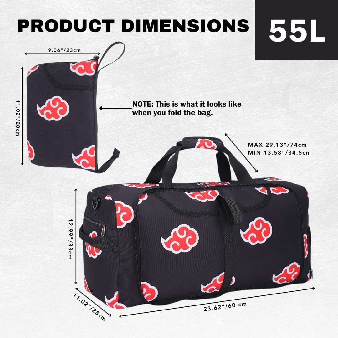 2pcs Anime Gym Bag for Women Men and Wrist Wrap Set - Foldable 55L Large Workout Duffle Bag with Shoe Compartment, 24" Lifting Straps Weightlifting, Powerlifting, and Improve Workout (Purplecm)