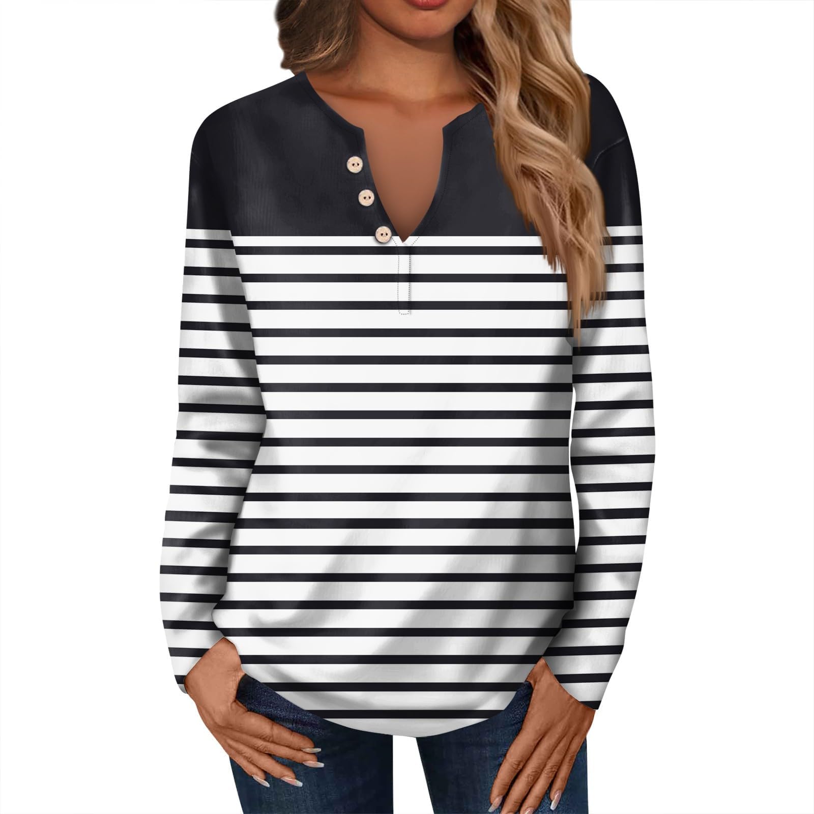 Long Sleeve Workout Tops for Women V Neck Printed Blouses Button Loose Fit Pullovers Trendy Tees Casual Basic Tops