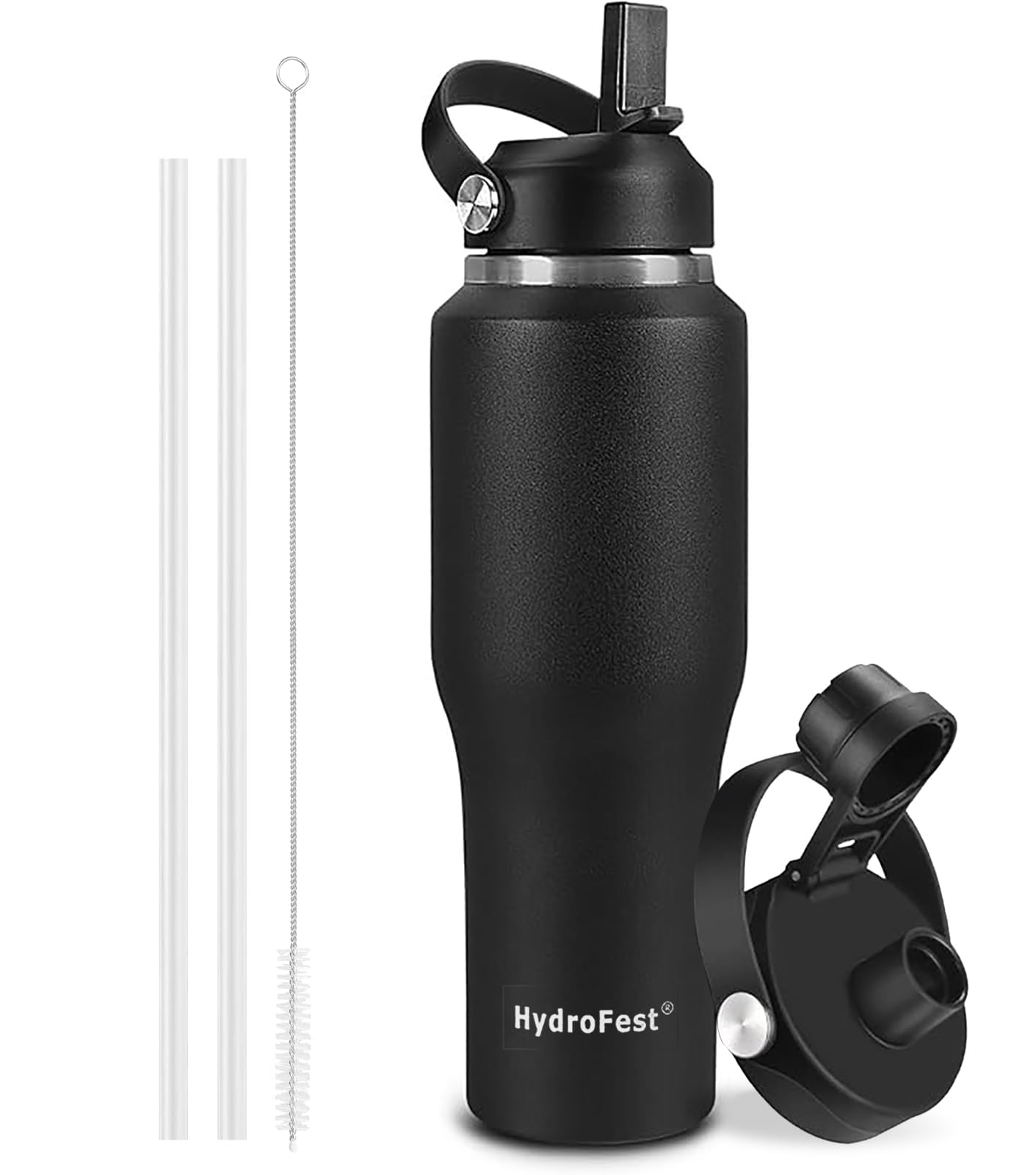 900 ml Edelstahl-Wasserflasche mit Strohhalmdeckel, schwarze vakuumisolierte Kinder-Wasserflasche, doppelwandige, breite Öffnung, schweißfeste Sport-Wasserflasche, Thermobecher, schwarz