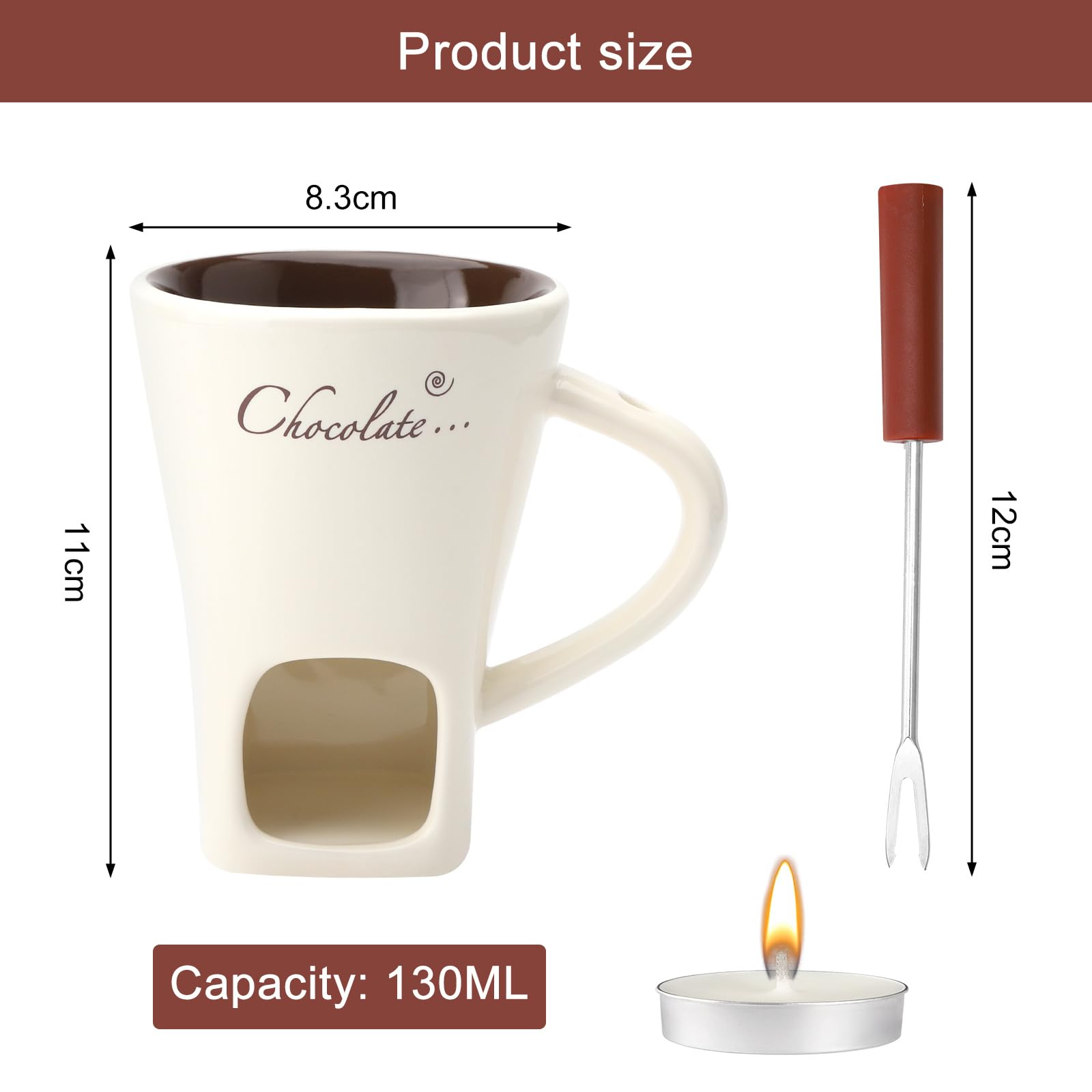 Taza de cerámica para fondue de chocolate, 130 ml, con portavelas y tenedores, fondue de chocolate, juego de fondue de chocolate, juego de fondue de chocolate, cazuela para chocolate, queso