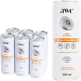 Bebida Energética Funcional Sabor Citrus AWE Energy – Pack com 6 Latas de 355ml – Boost de Energia com Sabor Refrescante para Foco, Concentração e Disposição Diária - Sem Gluten e Sem Açucar, Livre de Calorias!