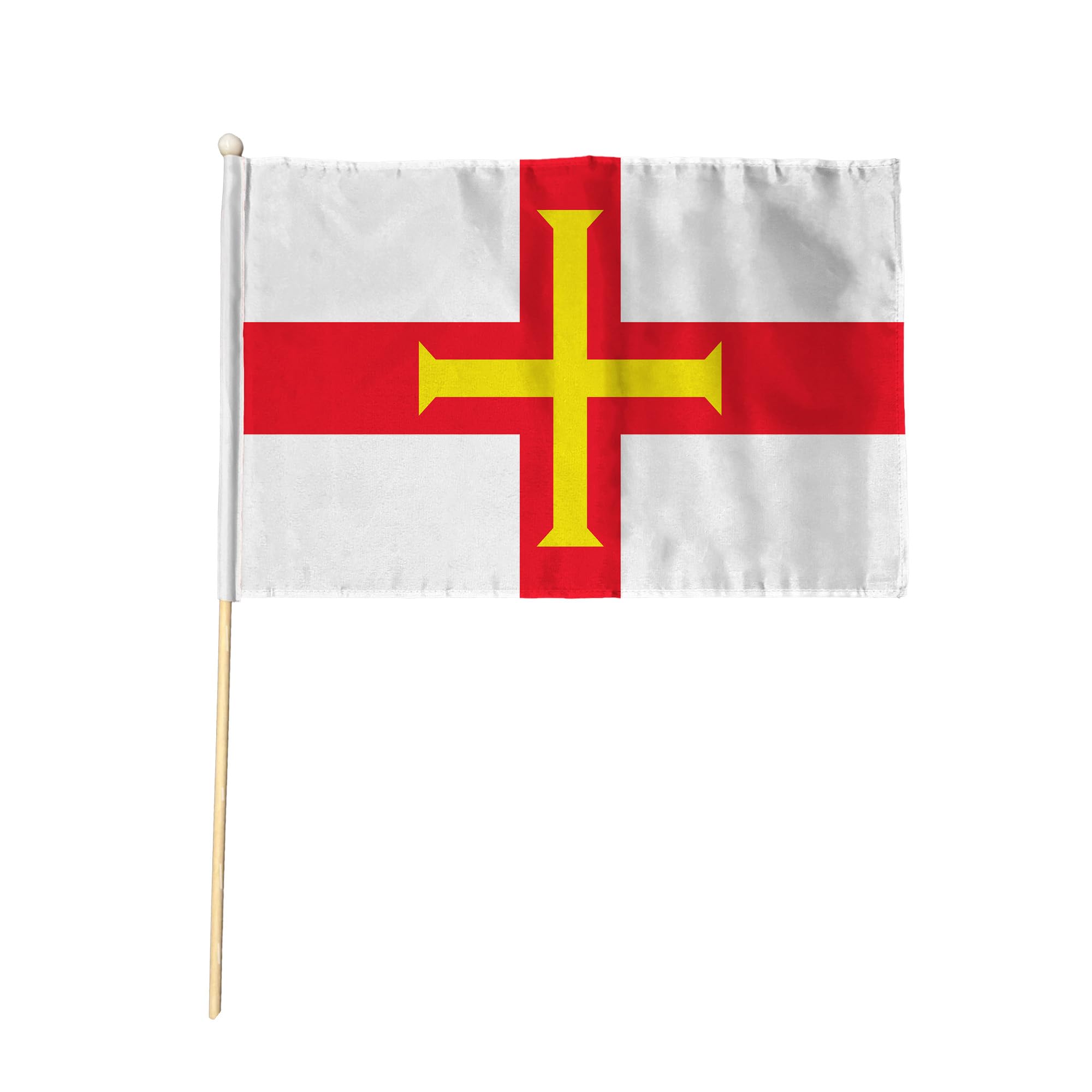 Flagtex Guernsey Pack of 12 Hand Waving Flag (9x6 Inch) - Premium Wooden Stick Hand Flag 9x6 Inch Natural Wood Pole Channel Islands White Red St George Cross Flag Events