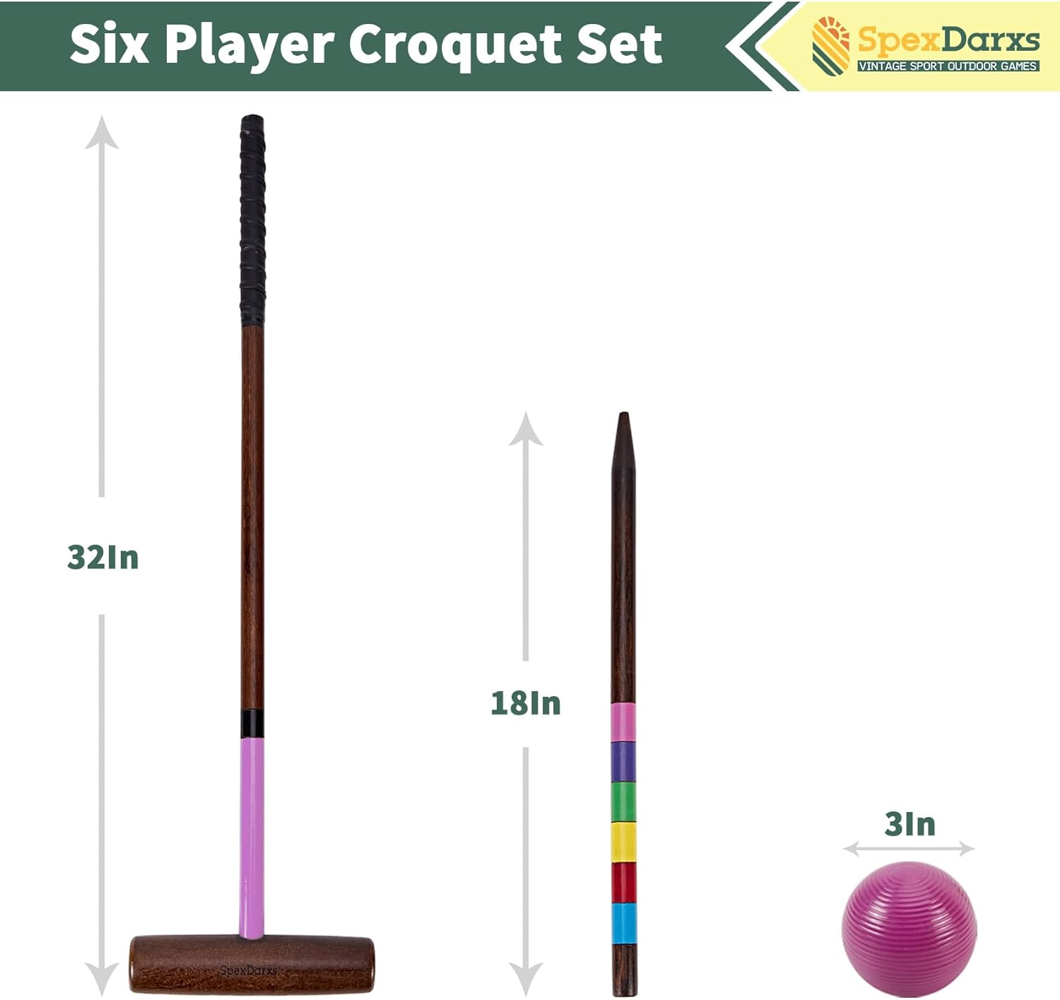SpexDarxs 32’’ Six Player Croquet Sets, Croquette Set with Premium Wooden Mallets/Colored Balls/Wickets/Stakes/Carrying Bag, Outdoor Lawn Backyard Game for Teenager Adult Family
