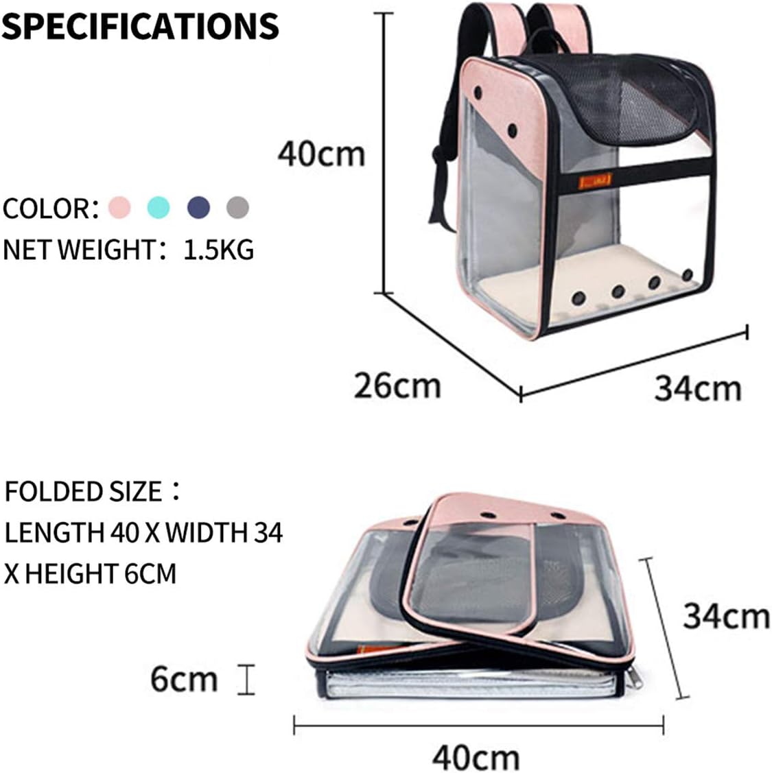 Pet Dog Cat Breathable Backpack Fashion Portable Carrier Bags Comfort Carrier for Small Dogs Cats Puppies Outdoor Travel See Through Pet Backpack 26cmx34cmx40cm