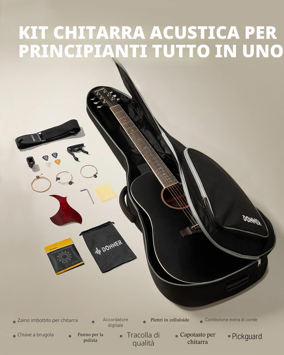 Donner Chitarra Acustica 41 Pollice Dreadnought Kit per Principiante con Custodia Nero