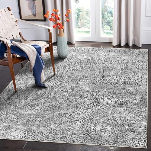 vivorug 4x6 Rug, Small Area Rug for Living Room, Bedroom, Kitchen, Machine Washable Non-Slip Throw Rug, Vintage Medallion Carpet for Entryway Nursery Coffee Table - Durable (Grey)