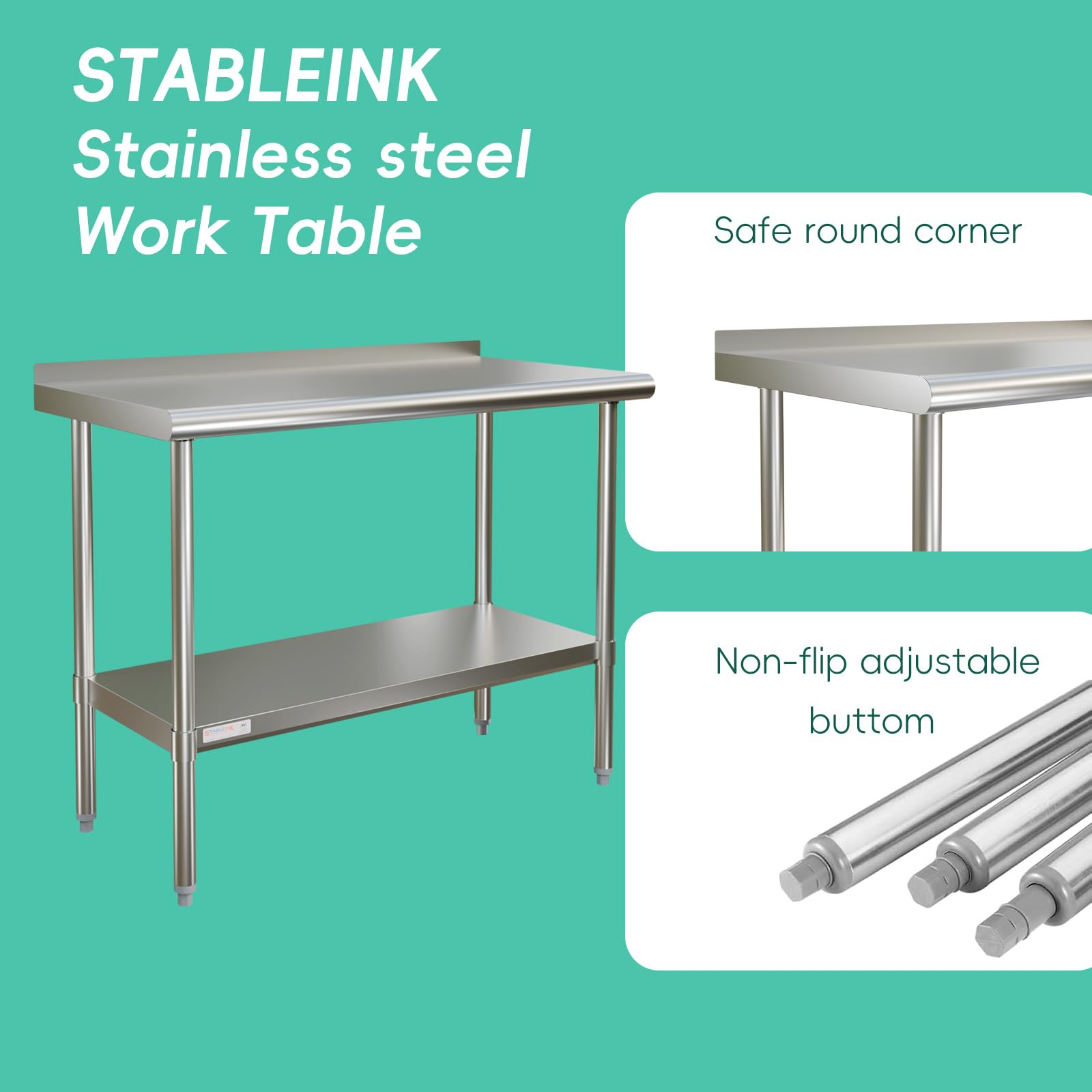 STABLEINK Stół ze stali nierdzewnej, 61 x 112 cm, metalowy stół roboczy NSF z tylną ścianką, regulowaną półką i stopą stołu, do kuchni komercyjnej, restauracji, hotelu i garażu