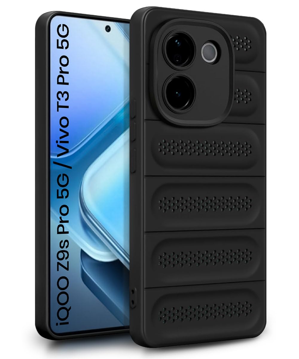 WOW IMAGINE Ultimate Silicone Back Cover Case for iQOO Z9s Pro 5G | Vivo T3 Pro 5G | Heat Dissipation Thin Soft TPU | 360° Camera Protection | Breathable Cooling Holes – Pitch Black