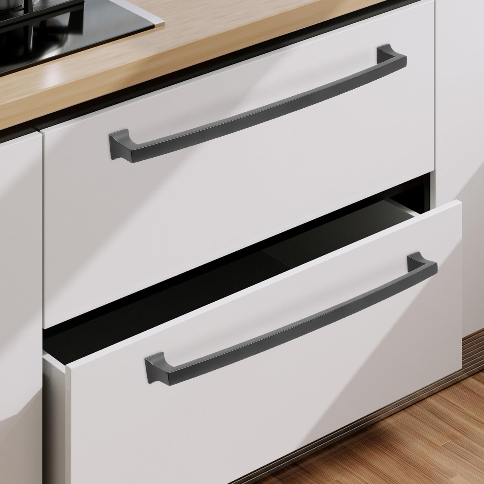 COTYKILEY Paquete de 10 manijas de gabinete color negro mate de 12.6 pulgadas (320 mm), tiradores de gabinete de cocina, manijas de puerta de gabinete, accesorios de gabinete de cocina, cajones y