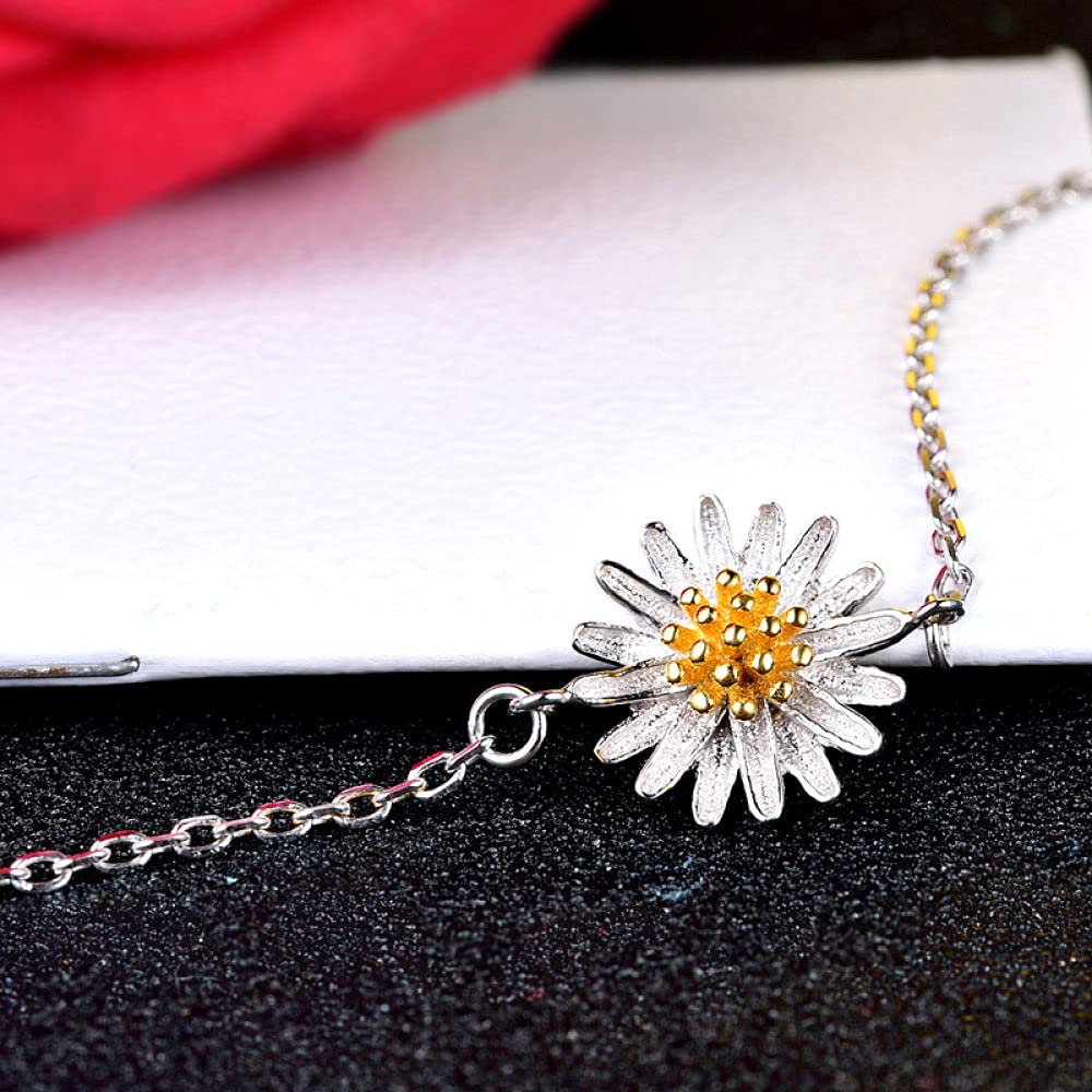 Braccialetti a catena con polsino in argento sterling moda, Bracciale in argento sterling 925 da donna Bracciale intagliato a mano squisito con margherita Bracciale in argento sterling con gioielli