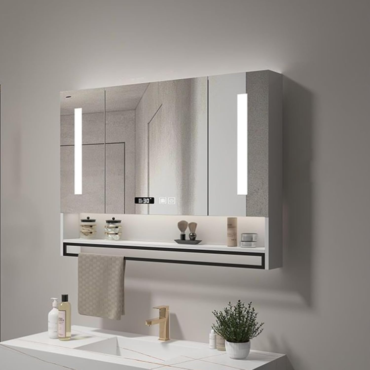 Led Bathroom Mirror Medicine Cabinet Wood smart Anti Fog Bathroom Medicine Cabinets Wall Mount with Storage LED Lighted Vanity Mirror Time Display Modern Bathroom Wall Cabinet Tow,Black,80*12*80cm/31