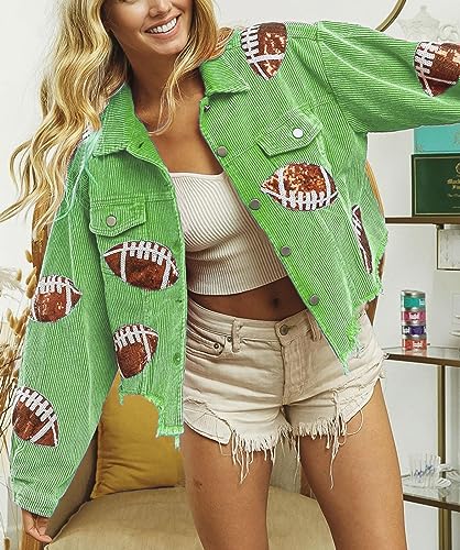 Women's Cropped Corduroy Jacket Button Down Vintage Football Sequin Short Shacket with Pockets3
