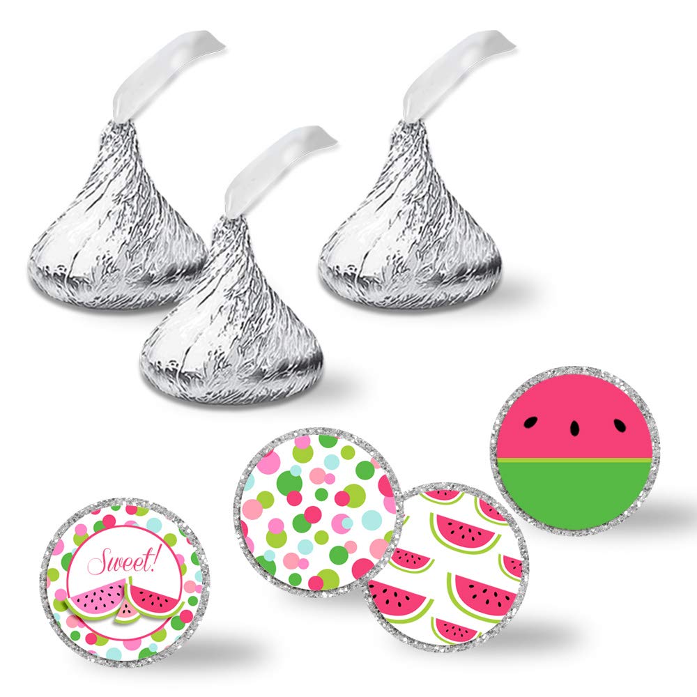 Sweet Watermelon Themed Birthday Party Kiss Sticker Labels, 300 Party Circle Sticker Sized 0.75” for Chocolate Drop Kisses by AmandaCreation, Great