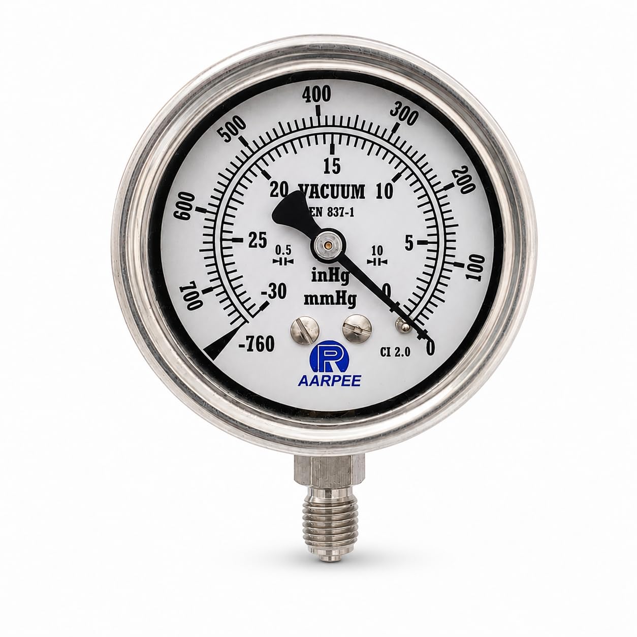 Vacuum Gauge, 0~30 inHg (0 ~ -760 mmHg), SS304 Body and Brass Internals, Glycerine filled, Accuracy +/-2% F.S., Make : AARPEE, 63mm, Bottom Entry, 1/2" NPT-image-1
