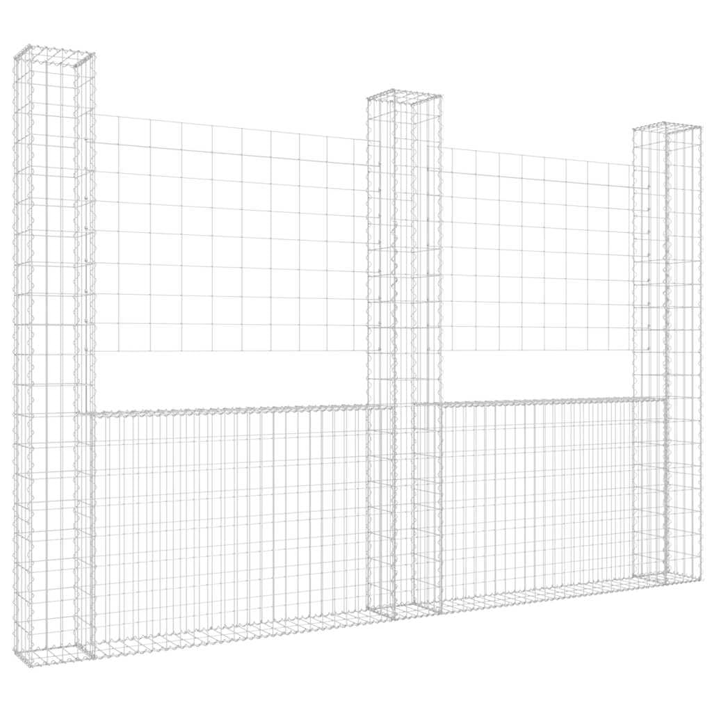 Gavión en forma de U con 3 columnas, hierro plateado, 260 x 20 x 200 cm | Estable gavión de hierro para jardín y exterior. Listo para usar como protección visual eficaz o muro de contención.