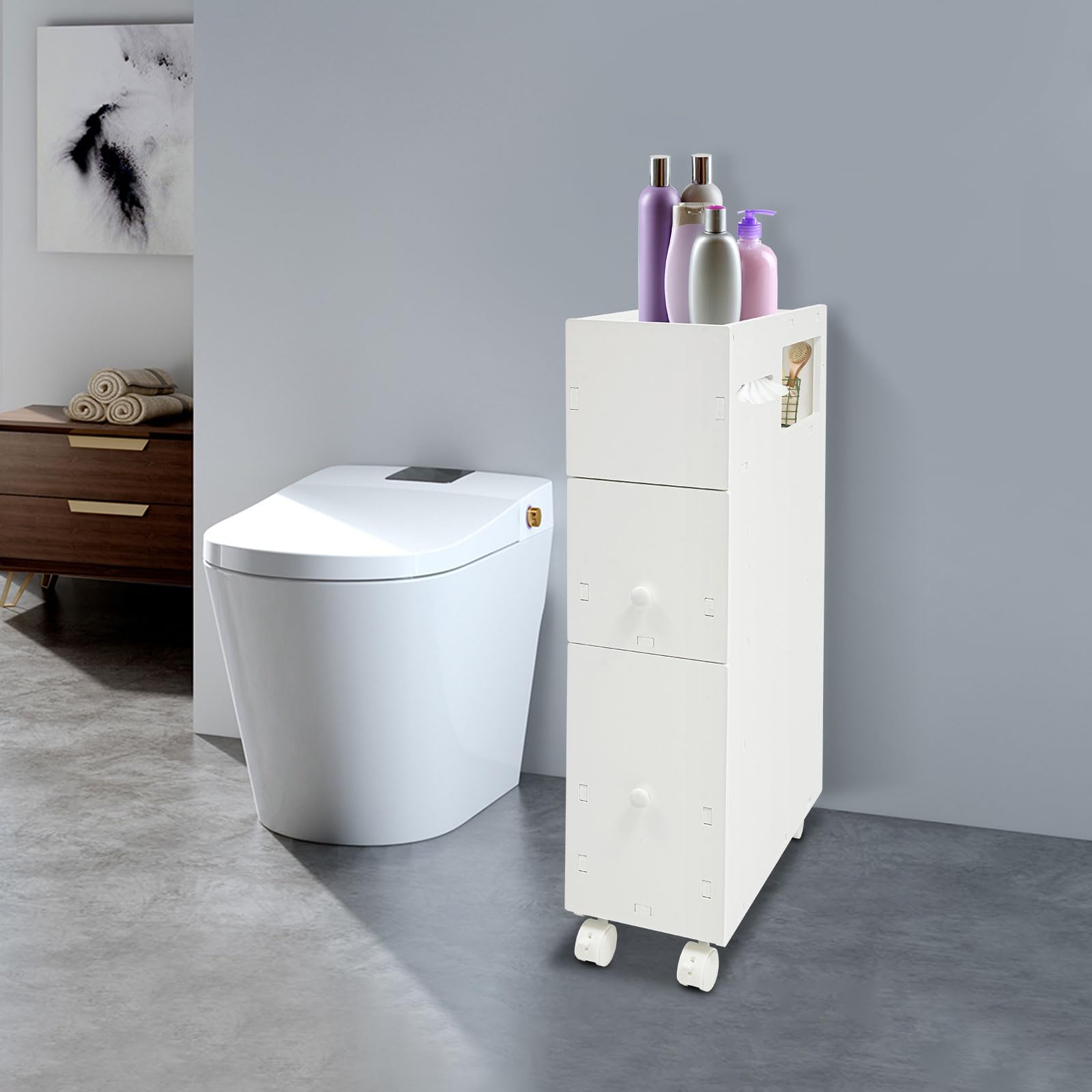 Armoire de Salle de Bain 44x19,5x74cm,2 tiroirs Roues verrouillables