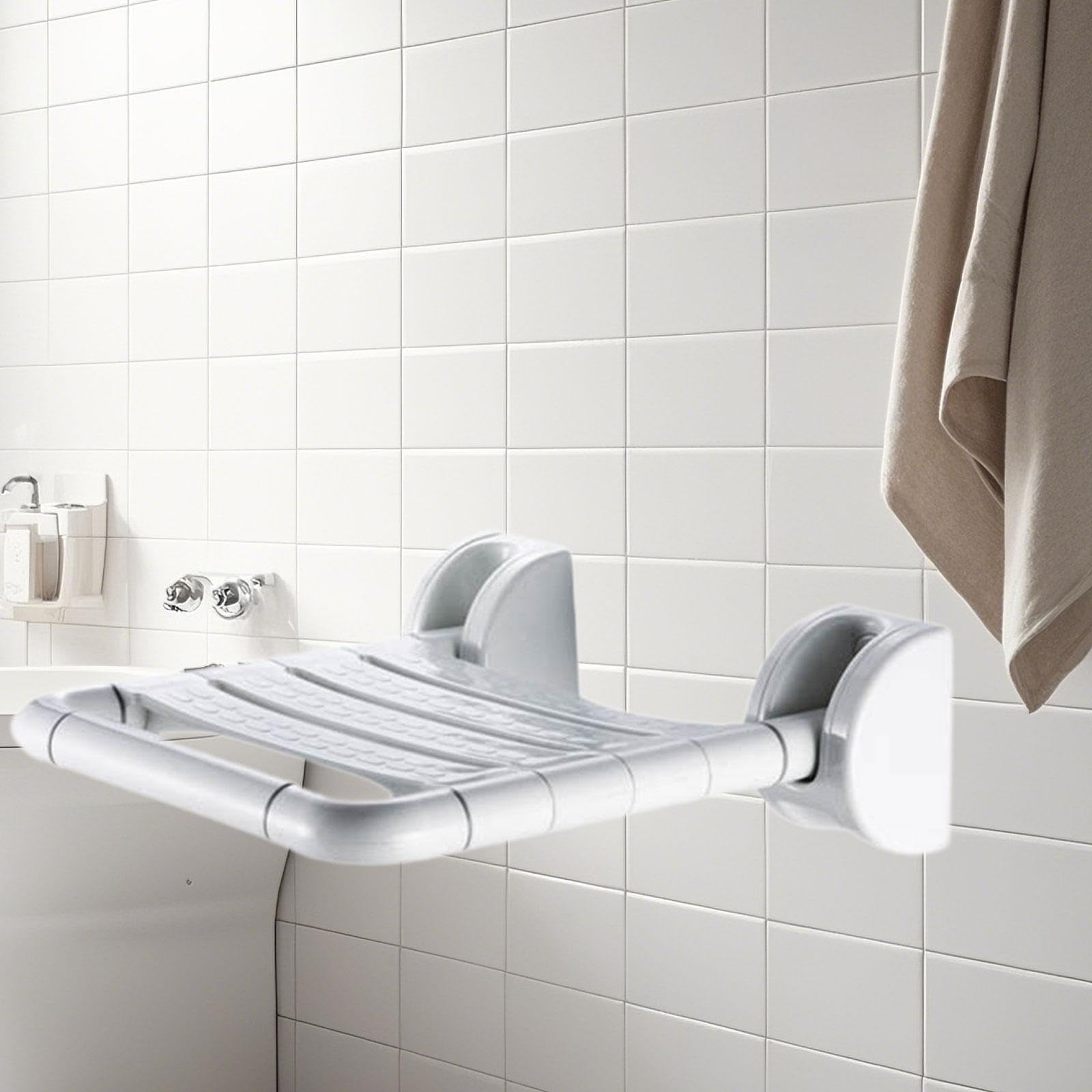 Asiento Ducha Plegable Silla Baño Montaje en Pared Taburete Abatible Superficie Antideslizante Material Resistente al Agua Adecuado para Apoyo en Ducha 12.6 x 15.9 Pulgadas