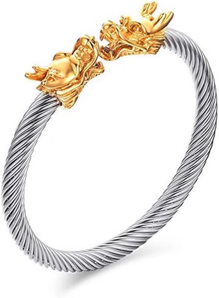 DIB Stainless Steel Opposite Dragon-Themed Twisted Wire Viking Cuff Bangle Bracelet Men,5 Color