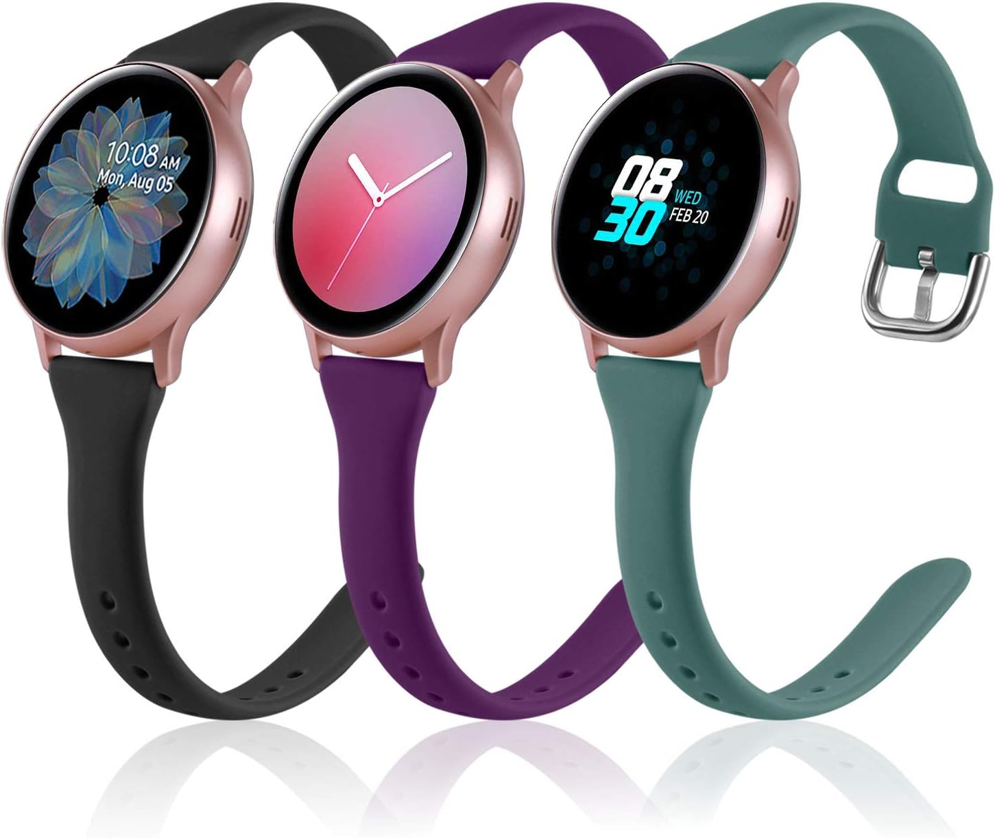 3 Pack Slim Bands for Samsung Galaxy Watch 7/Watch 6 5 4 40mm 44mm, Galaxy Watch Active 2/Watch 5 pro 45mm/Watch 3 41mm/Watch 4 Classic 46mm 42mm, 20mm Soft Silicone Sport Band for Women Men