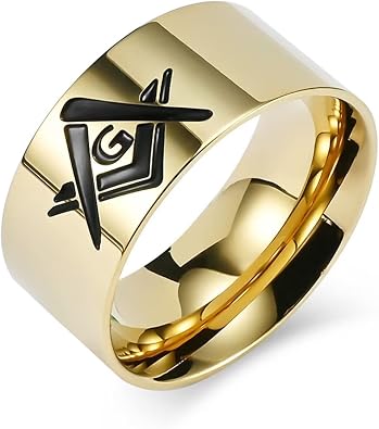 Meilord 10mm Freemasonry Ring Stainless Steel Masonic Symbol Rings for Men and Boys,Punk Rocker Hip Hop Biker Ring,Size7-12,Silver Black Gold