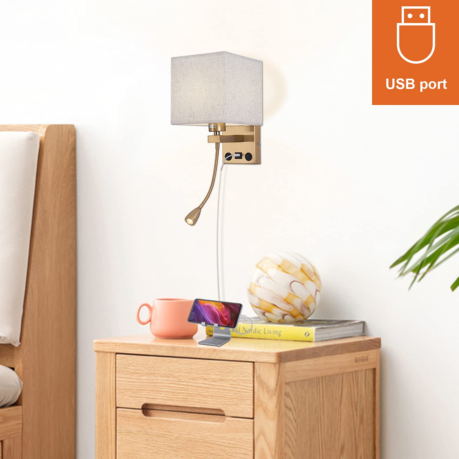 Moon rural Wall Sconces, Hardwired Wall Lamp with USB Port White Fabric Shade Bedside Wall Lights with Reading Lamp for Bedroom Living Room Hotels and Office (Gold)