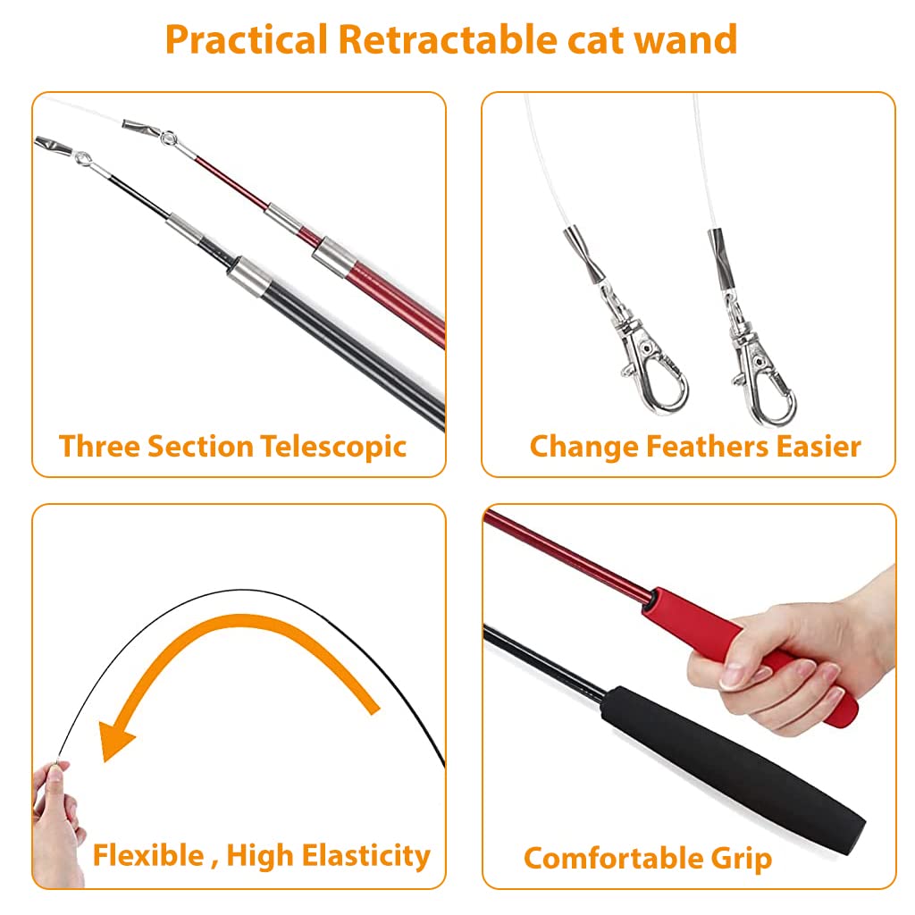 Qpets® Cat Teaser Toy,11 Pcs Cats Toys Set with 2 Retractable Teaser Wand & 5 Feather Teaser & 4 Worm Teaser for Kitten to Play Chase Activity Exercise 2