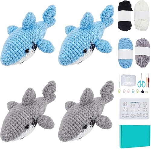 ORIGACH Juego de 4 juegos de ganchillo de tiburón para adultos principiantes, kit de ganchillo de tiburón hecho a mano, juego completo de ganchillo