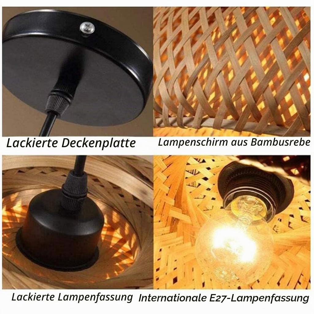Pendelleuchte Landhausstil Hängeleuchten Vintage Rattan Gewebte E27 Kronleuchter Bambus Lampenschirm Höhenverstellbare Hängelampe Restaurant Schlafzimmer Wohnzimmer Café Deckenleuchte,38cm