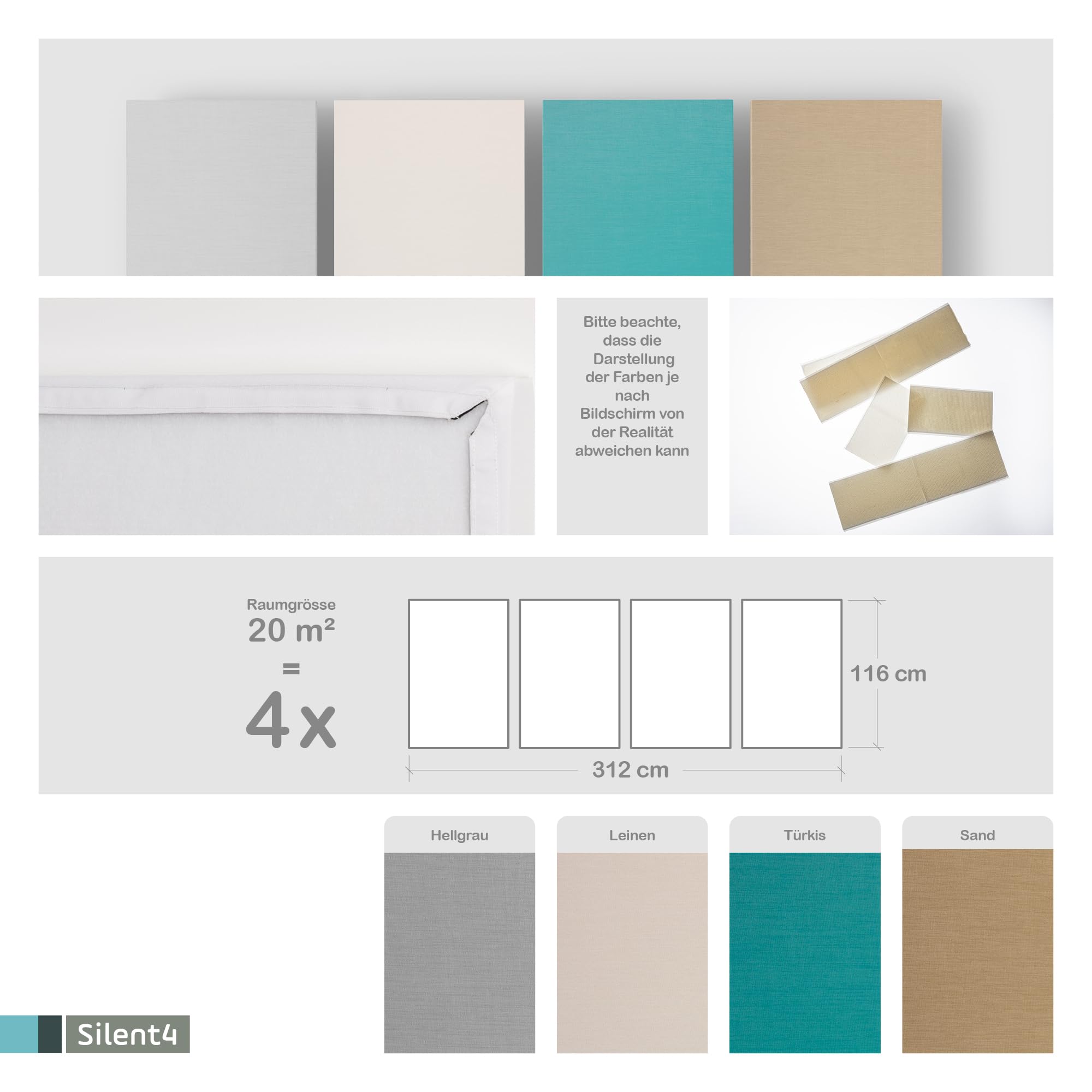 SILENT4® Schallabsorber Wand 4er Set à 114x72x5cm für Räume bis 20m² Akustikbild Akustikpaneele aus Akustikvlies mit Stoffbezug, Klettverschluss- & Schraubmontage, messbar verbesserte Raumakustik