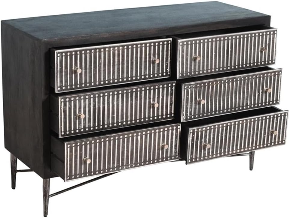 Pemberly Row Hand-Carved Mango Wood 6-Drawer Chest, Antique Brown Finish, 32" H x 48" W x 18" D, Forged Iron Base, Artisan Design Double Dresser, Spacious Storage for Bedroom or Living Room Use