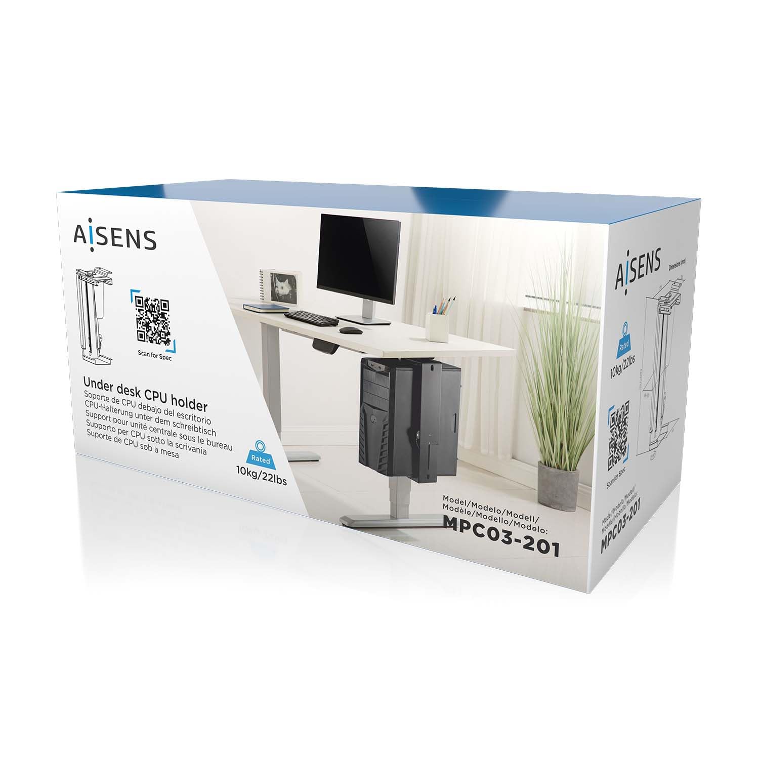 AISENS Soporte Giratorio y Altura Personalizable para CPU por Debajo de Escritorio con Mango de Bloqueo Fácil Negro (Paquete de 3)