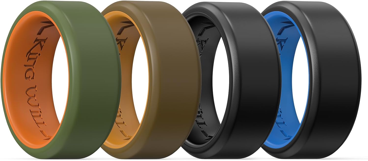 King Will Men's Silicone Wedding Bands, 8mm Comfort Fit with Unique Inner Groove Design, Rubber Engagement Rings for Daily Wear and Activities - 1/4 Variety Multipack