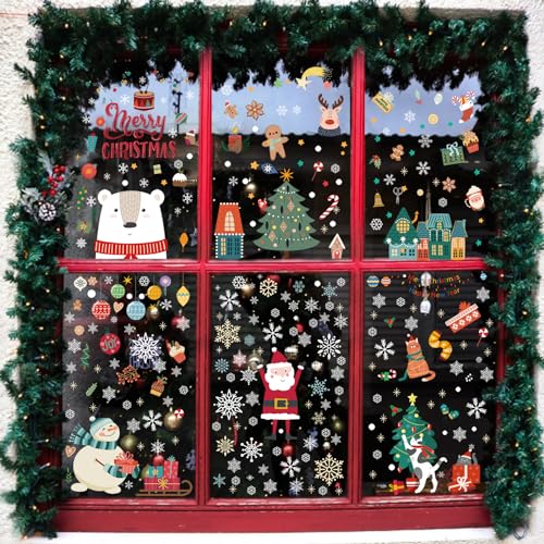 Image of Christmas Window Clings for Glass Windows, Stickers for Window Decorations | 8 Sheets Window Decals for Home, Classroom, Kids Party Indoor, Glass Doors, Xmas Winter Holiday Decor with Santa & Snowflakes