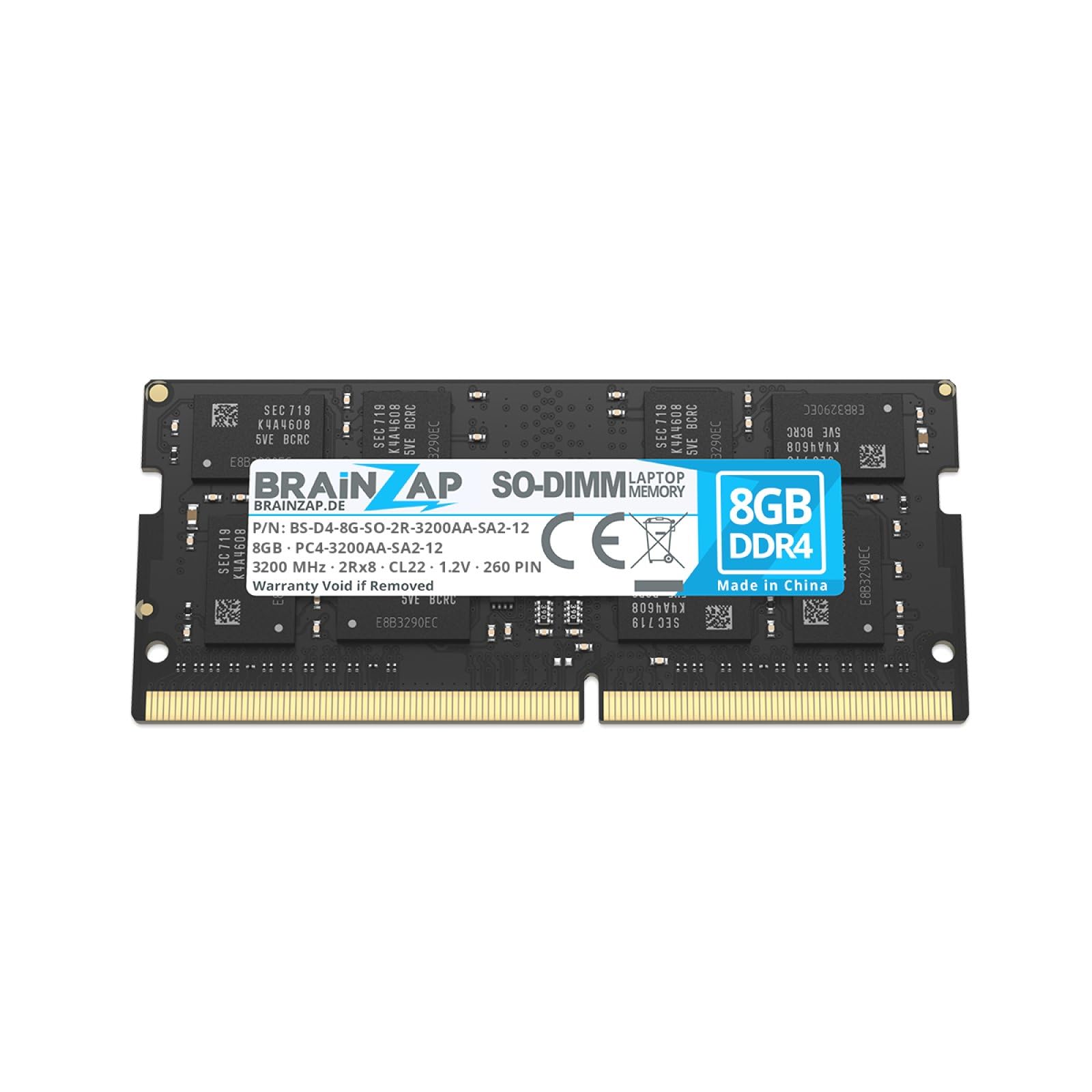BRAINZAP 8GB DDR4 3200MHz PC4-3200AA-SA2-12 SO-DIMM CL22 2Rx8 1.2V Unbuffered Non-ECC RAM Arbeitsspeicher für Notebook Laptop Speichermodul Memory