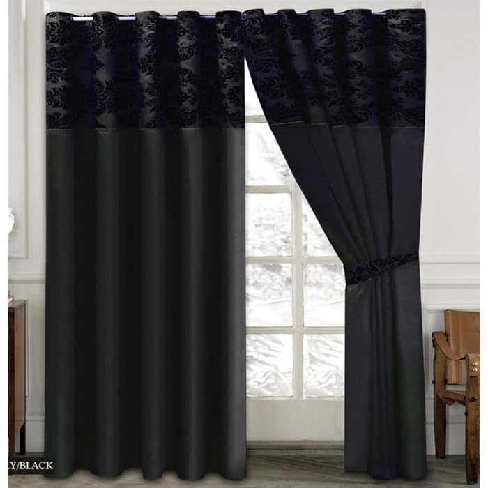 Buy Skippys Luxury Damask Curtains Black Black 90x90 Pair of Ring Top