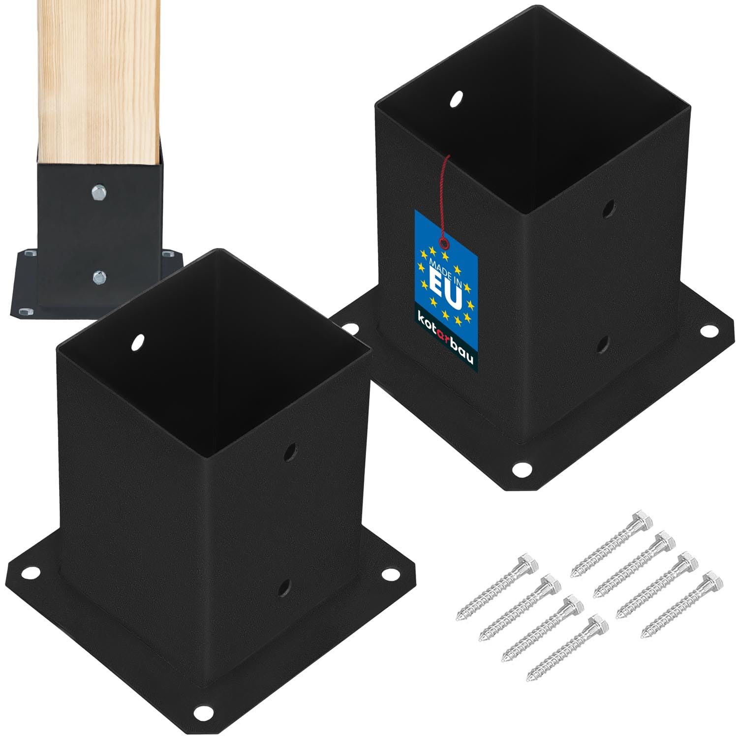 KOTARBAU® 2 pcs Fence Post Support - Post Base - Powder Coated Steel - 100x100 mm (3.94x3.94 in) - Black - Bolt Down Support - Heavy Duty - for Wooden Beams - Weather Resistant