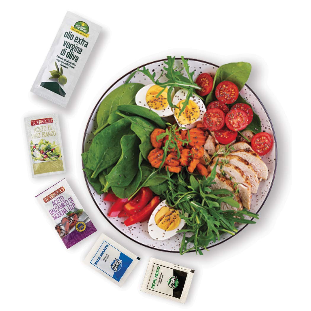 Aperisnack® - AP20.001.03 Condimento per Insalate 100 Kit (400pz) bustine di Sale, Pepe, Olio e Aceto balsamico Modena IGP Monodose