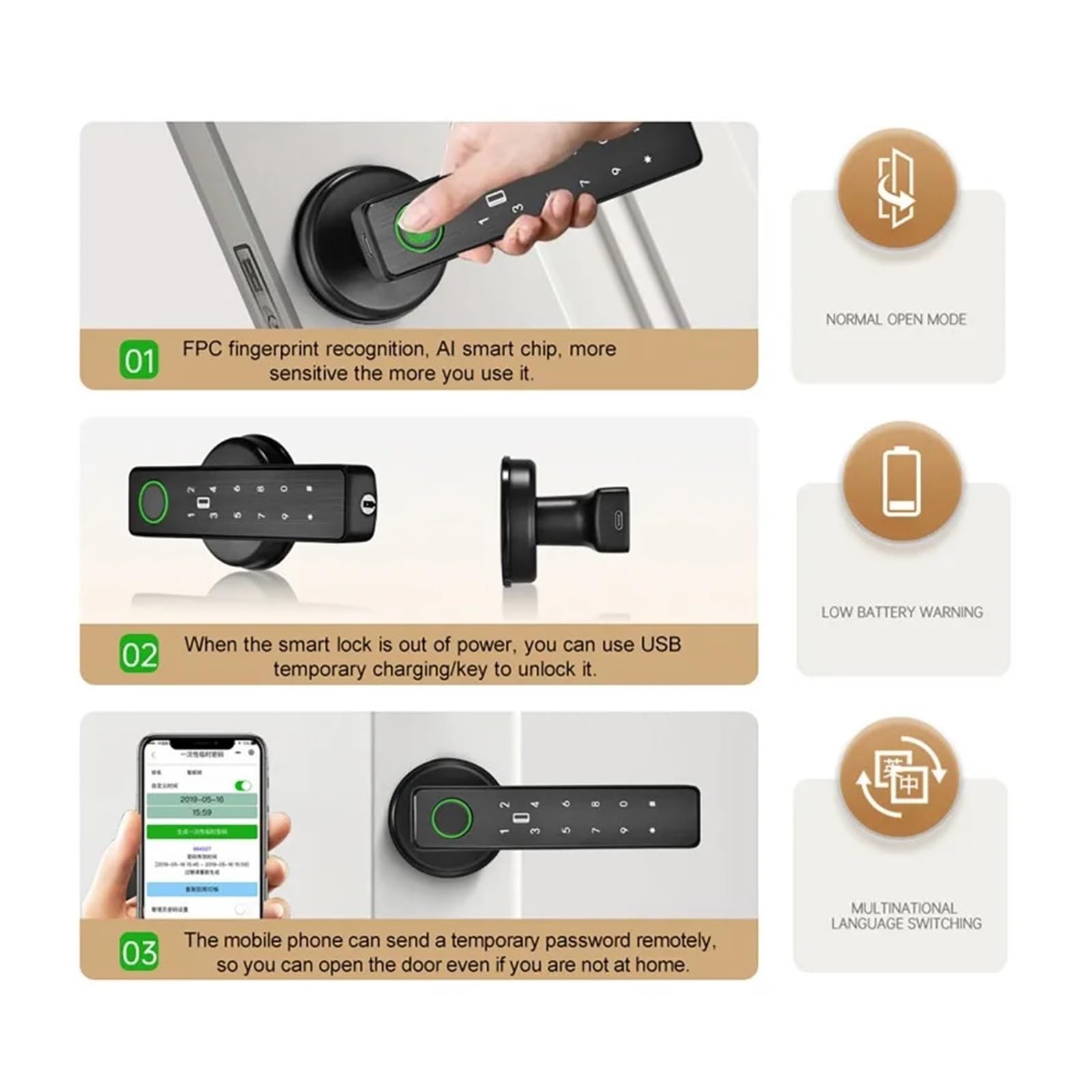 Smart Tuya SmartLife APP WiFi Control remoto tarjeta y contraseña, huellas dactilares y desbloqueo de llave, cerradura inteligente de manija de puerta para oficina