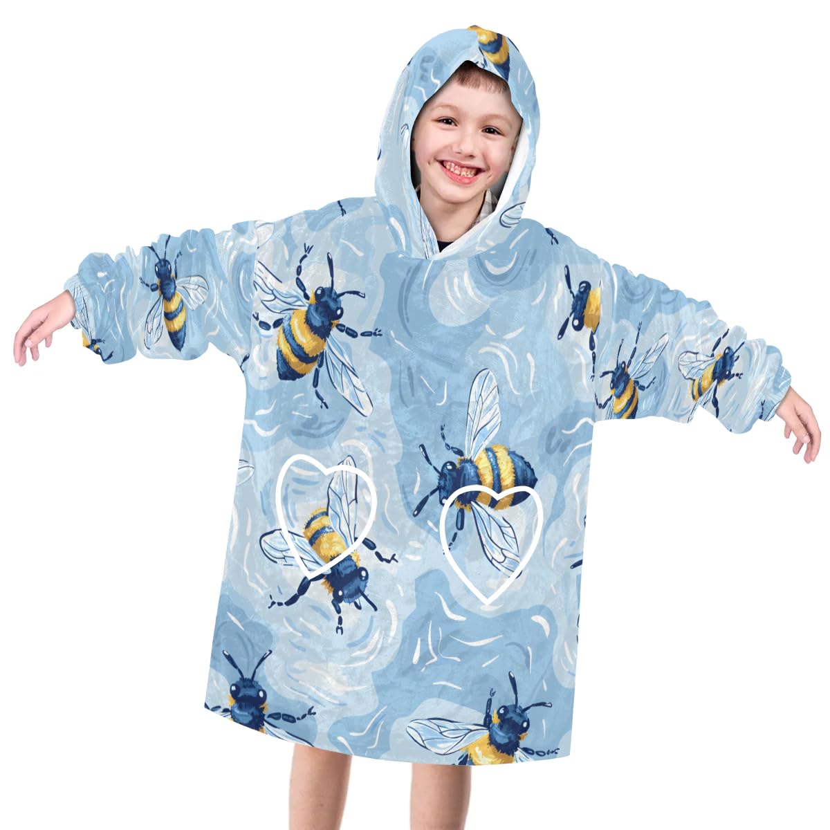 Pardick Wearable Blanket Hoodie for Kids, Striped Bee Fleece Sweatshirt Blanket Oversized Blanket Sweatshirt with Pocket Flannel Warm Hooded Blanket 6-10 Year Old Girl Boy Gift, One Size