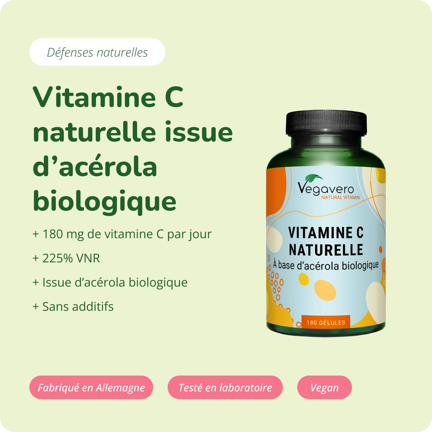 Acerola Vitamine C BIO Vegavero® | UNIQUE : 100% NATURELLE - Sans Additifs | Extraction en FRANCE | 180 Gélules | 1060 mg d’Extrait Par Dose | VEGAN