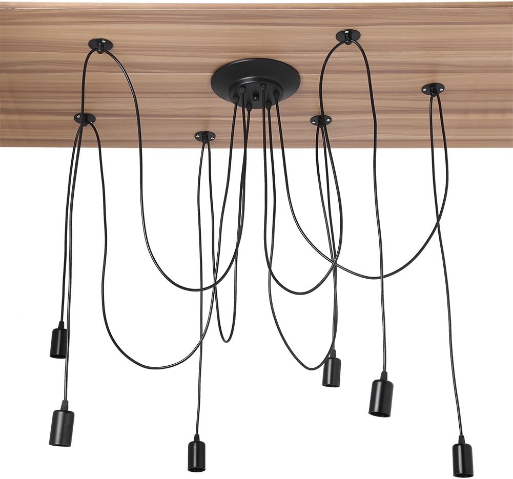 Pendant Light Kit, 6 Heads Industrial Vintage Style Vintage Style Black Cord Hanging Light Fixture Ceiling Light Holder Lamp Rack