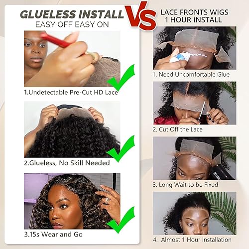 Miniatura 5 de Pelucas de cabello humano sin pegamento, prearrancadas, precortadas, para usar y llevar, pelucas rizadas estilo Bob para mujeres negras, pelucas con