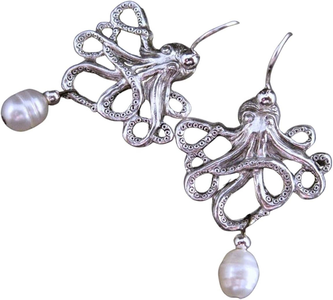 Handmade Oxidized Silver Octopus Freshwater Pearl Earrings