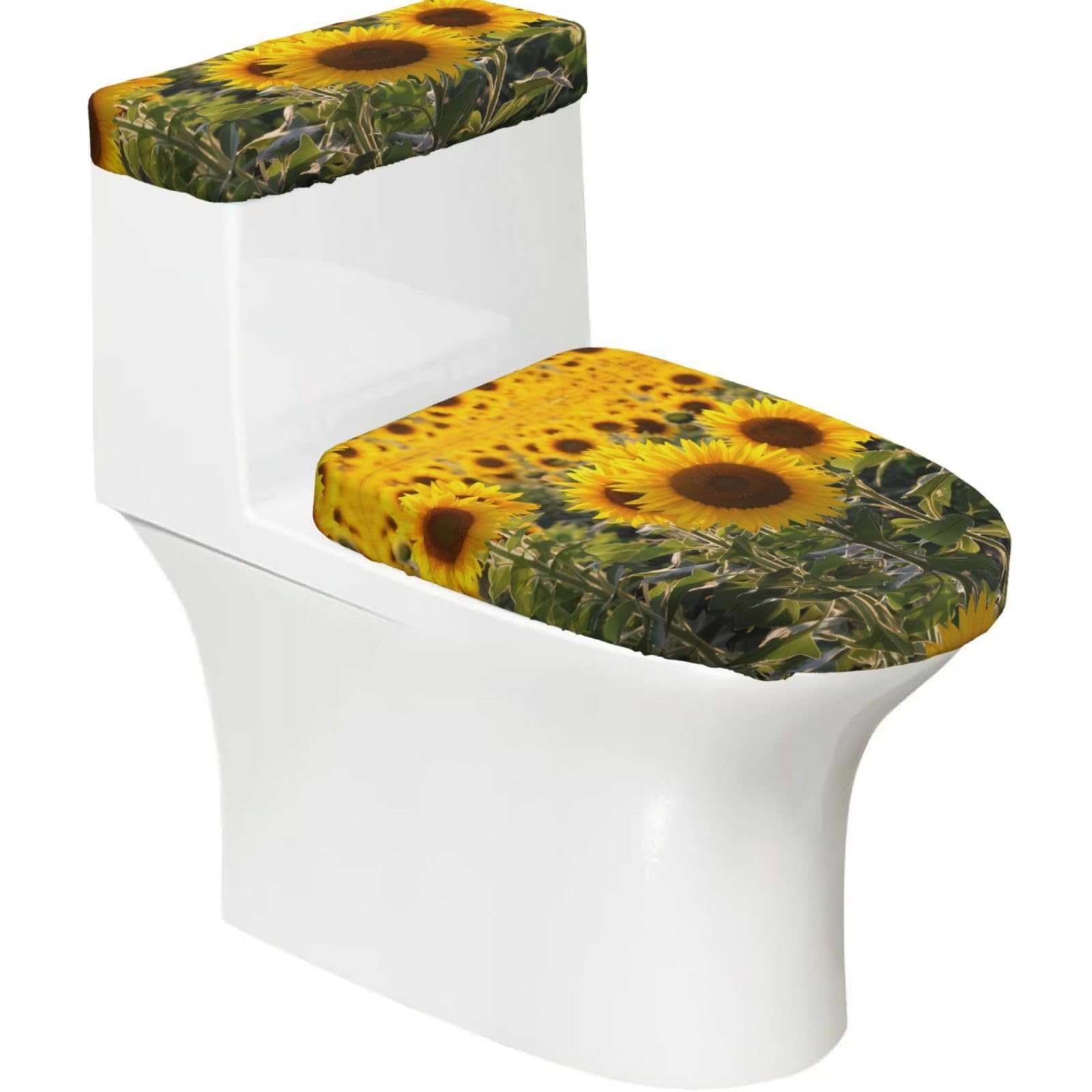 Yellow Sunflower Floral 2-Piece Toilet Seat Cover Set with Tank Lid - Elastic for U-Shape & Elongated - Bathroom Decor