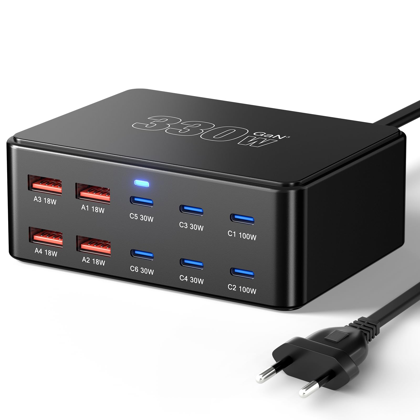 Stazione di ricarica USB da 330 W con 10 porte, PD 100 W, 65 W, 45 W, 30 W, 20 W, 18 W, caricabatterie USB-C GaN III, caricatore rapido per laptop e smartphone, compatibile con MacBook Pro/Air, Dell