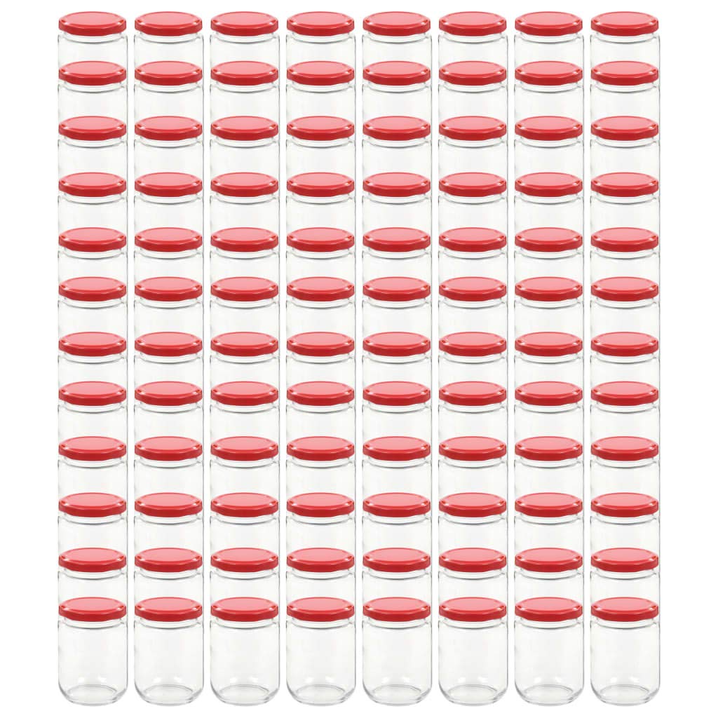 96 Stück Einmachgläser 230 ml mit rotem Deckel, transparente Marmeladengläser mit weitem Mund für Chutney, Marmeladen, Essiggurken, Saucen und Konfitüren