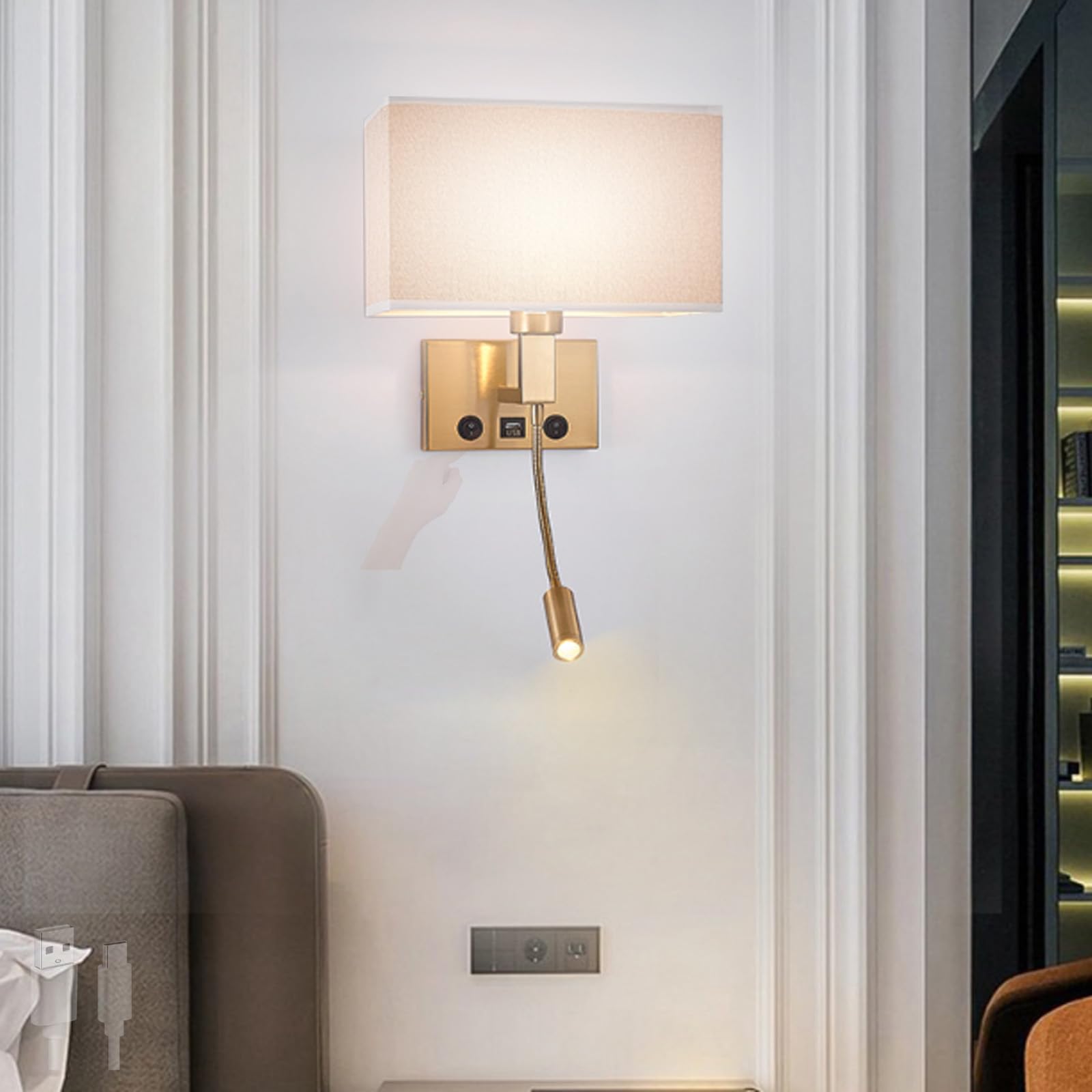 Vintage żelazne kinkiety ścienne LED do wnętrz z przełącznikiem USB port ładowania lampa ścienna kreatywny klosz z tkaniny dekoracja szafki nocnej do czytania w salonie