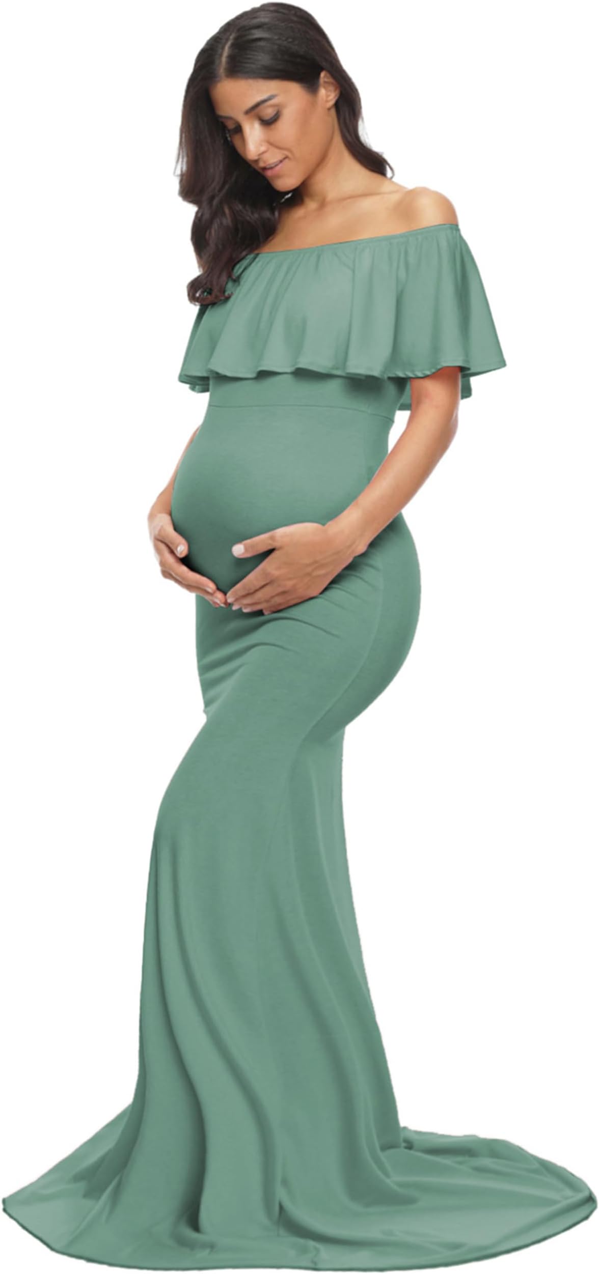 Womens Off Shoulder Maternity Dress Ruffles Elegant Slim Gowns Fit Maxi Photography Dress