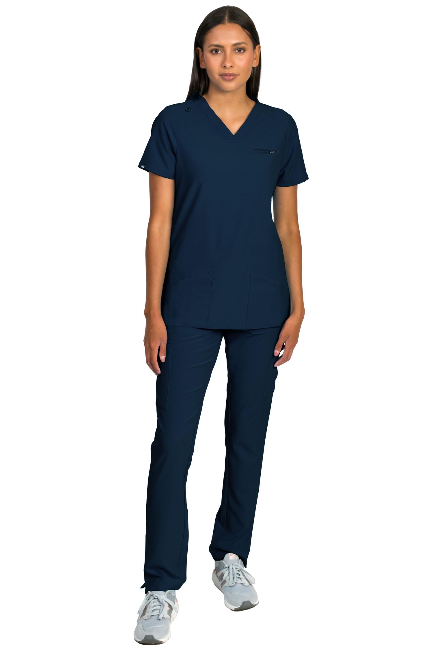 Medgear Liliana Women's Scrubs Set with 4-Pocket Top and Slim Straight Leg Pants (Navy, Medium)