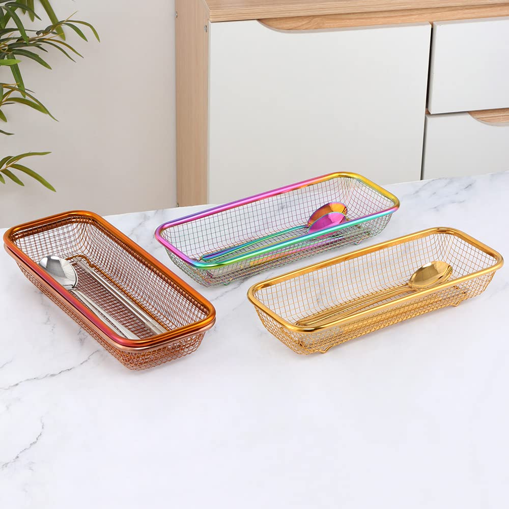 Organizer per cassetti da cucina, vassoio impilabile in metallo per utensili e posate, design a rete iridescente